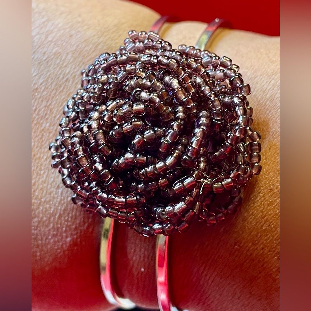 Big round brown cluster seed bead flower on a silver tone metal clamper bracelet
